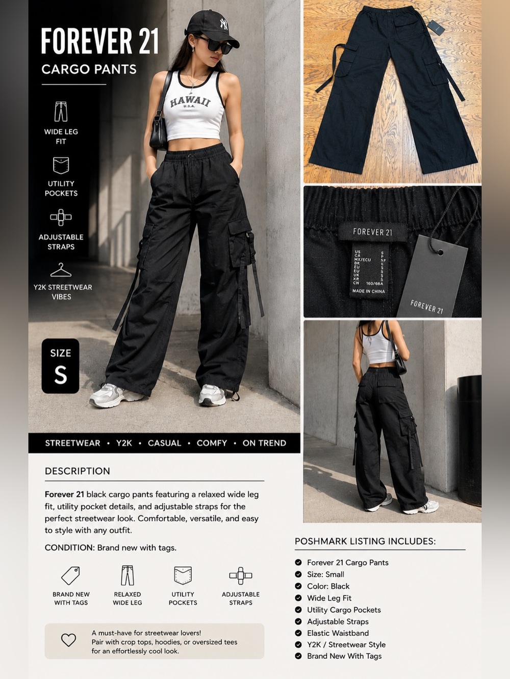 Forever 21 Black Wide Leg Cargo Pants Size Small | Y2K Streetwear